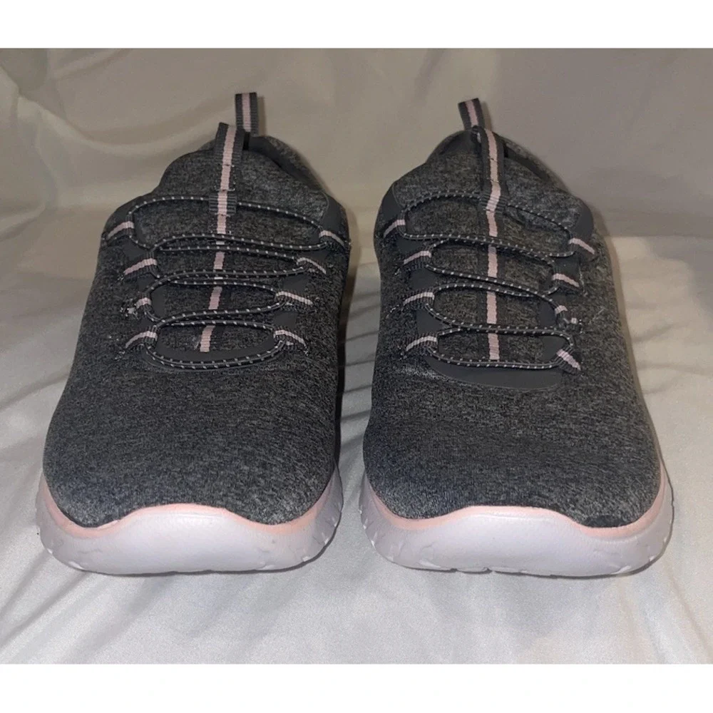 Athletic Works Womens 8W Gray Pink Bungee Slip On Walking Sneakers Memory Foam